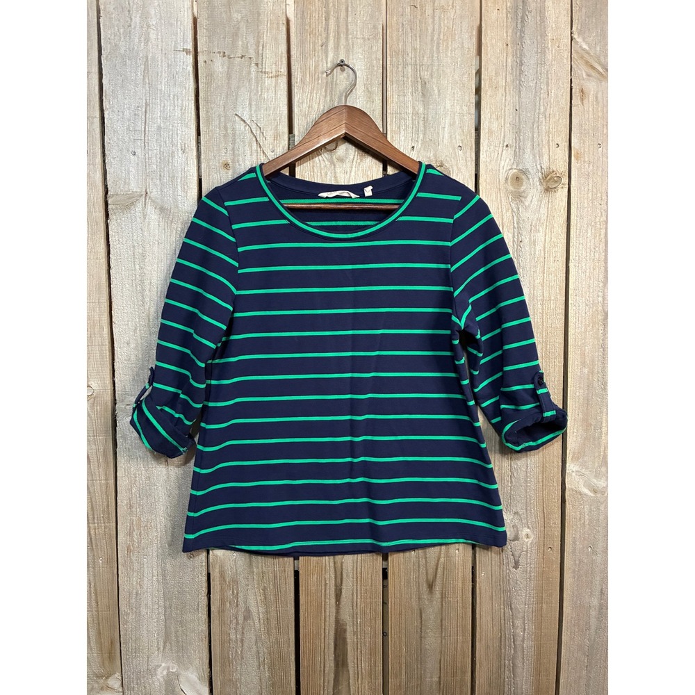 Soft Surroundings Womens Navy Green Striped 3/4 Sleeve Button Tab Top S 2GJ41‎